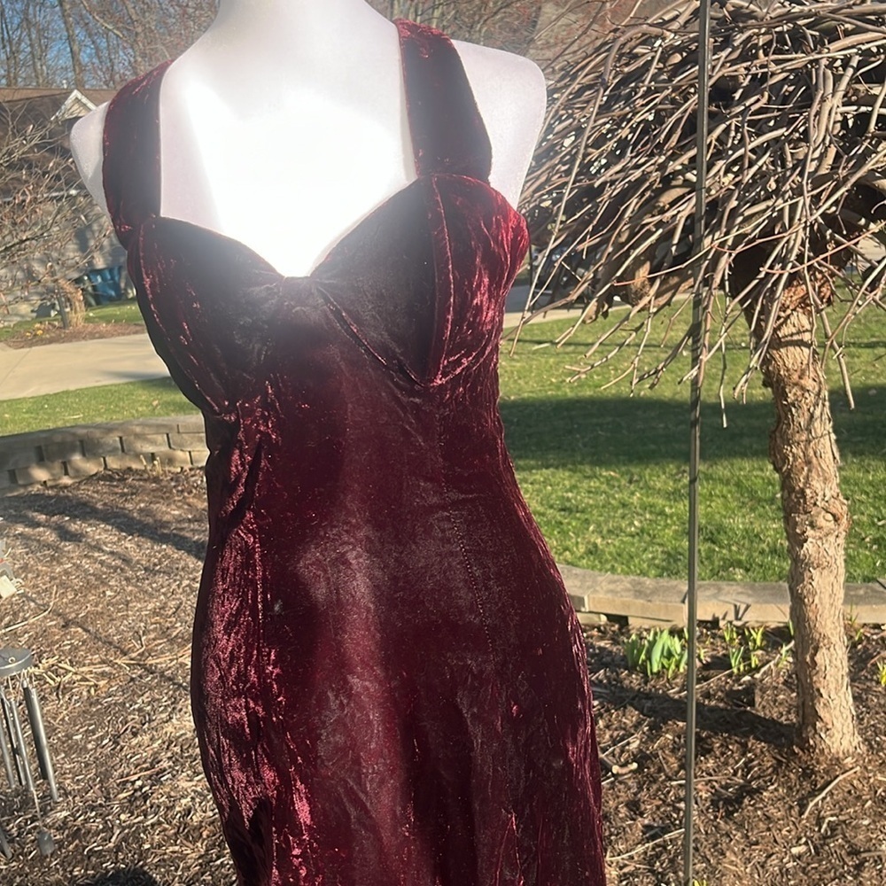 90’s Rampage whimsigoth crushed velvet Dress Maxi Halter thigh Slit Y2K size 5 - Picture 5 of 13